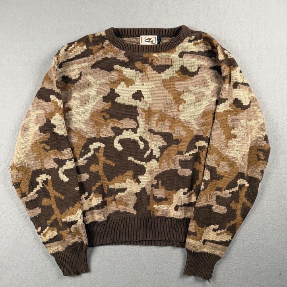 Vintage Duxbak Camo Knit Sweater Mens Large Brown Desert Camouflage Made in USA